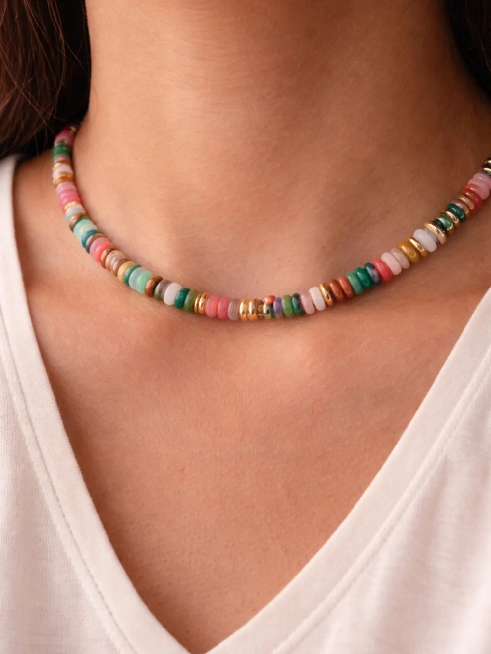 Kissyan Natural Gemstone Heishi Choker Necklace Colorful Boho NIB Gift